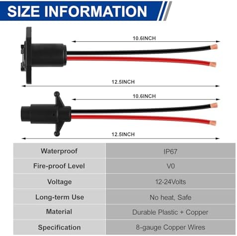 Trolling Motor Plug Socket Set, 12-24V 8Gauge 2 Wire Compatible with Minn Kota Marine Boat,Kayak, Waterproof Male & Female Connector, Trolling Motor Plug and Receptacle. - Image 6