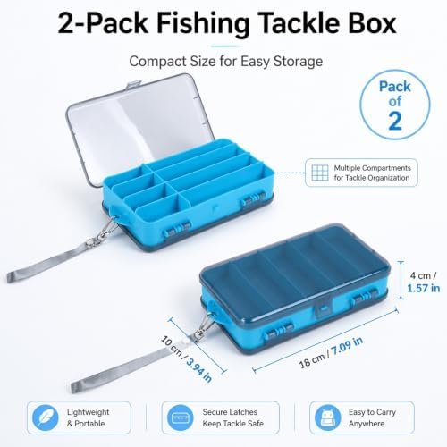 2 Pack Fishing Tackle Box Organizers, Blue Lure Storage Trays with Clear Lids, Removable Dividers & Wrist Straps, Portable Fishing Gear Storage for Hooks, Baits, Sinkers, Jigs and Accessories - Image 7