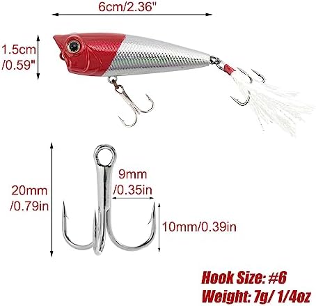 Alwonder 5-Pack Fishing Popper Lure, Fishing Top Water Lures Bass Lures Feathered Treble Hooks Rooster Tail Lure Plugs Hard Baits - Image 7