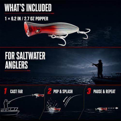 6.2 Inch 2.73 oz Saltwater Topwater Popper Fishing Lures with 3/0 4X Strengthened BKK Treble Hooks, Through-Wire for Strength & Durability, Target GT, Tuna, Sea Bass, Marlin - Image 7