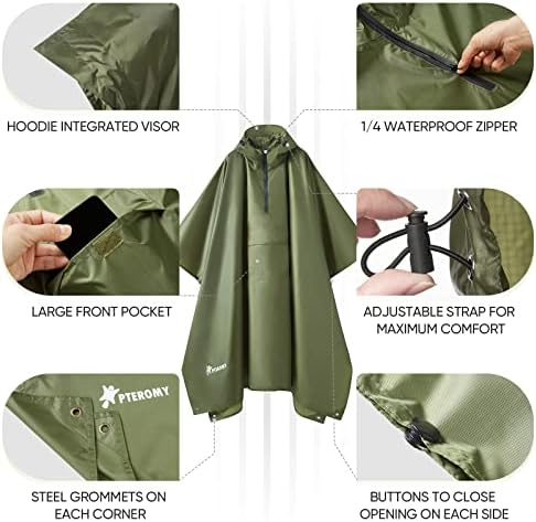 PTEROMY Hooded Rain Poncho for Adults, Reusable Waterproof Raincoat - Image 6