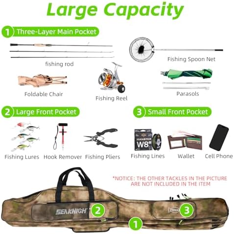 Seaknight Portable Fishing Rod Case - 2 Sizes (53.15in/59.0in) Oxford Fabric Tackle Storage Bag for Travel, Durable Rod Carrier for Freshwater & Saltwater Anglers (Yellow Camou, 135cm/ 53.15in) - Image 7