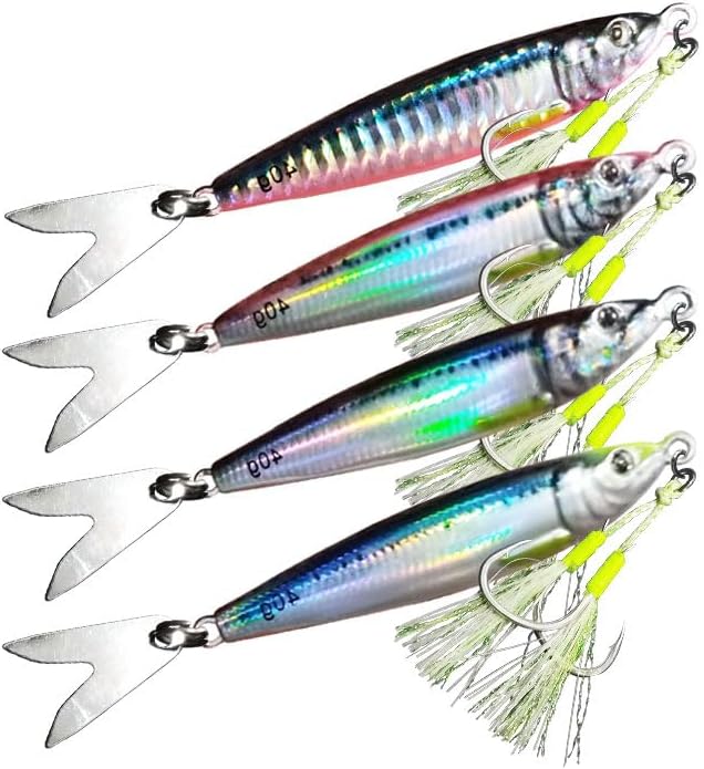 4PCS Long Cast Slow Pitch Vertical Jigs Saltwater Artificial Fishing Lure UV Glow Jig Metal Spoons Hard Jigging Bait with Glow Skirt Assist Hooks Fast Fall Jigs for Tuna Salmon Bass Kingfish - Image 6