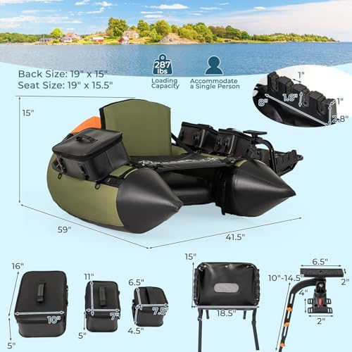 GYMAX Fishing Float Tube, Inflatable Belly Boat with Fish Finder Holder, Rod Rack, Fish Ruler, Manual Pump & Detachable Storage Boxes, Portable Backpack Float Tubes for Adults - Image 7