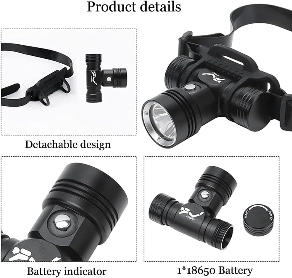 Rechargeable Diving Headlamp High Lumens Scuba Diving Headlight Super Bright IPX8 Waterproof Dive Swimming Submarine Headlamps,3 Modes Underwater Safety Light with Power Indicator for Snorkeling - Image 7