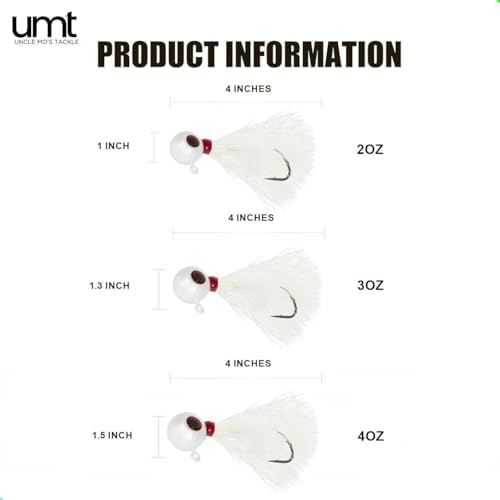 UMT Mylar Bucktail Fluke Ball Jighead for Saltwater Fishing 2oz, 3oz, 4oz - White - 6/0 Mustad Hook, 3D Eye – Flounder, Porgies, Sea Bass, Blackfish Tautog & Bluefish - Image 4