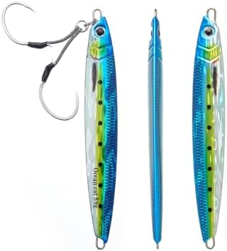 OCEAN CAT Long Casting Slow Fall Pitch Fishing Jigs Lures Lead Metal Flat Sinking Vertical Shore Jigging Bait with Assist Hook for Saltwater Freshwater Fishing 20g 40g 60g 80g by OCEANCAT