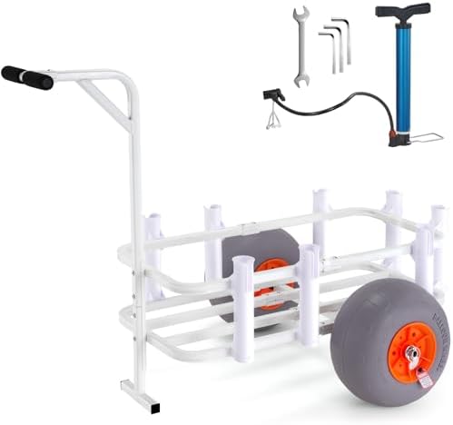 VEVOR Beach Fishing Cart, 300 lbs Load Capacity, Fish and Marine Cart with Two 13" Big Wheels PU Balloon Tires for Sand, Heavy-Duty Aluminum Pier Wagon Trolley with 8 Rod Holders for Fishing, Picnic by VEVOR