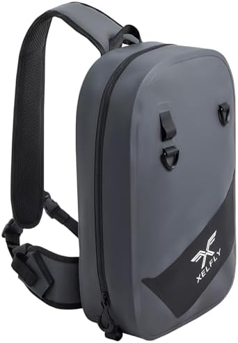 Xelfly Waterproof Fishing Sling Backpack Bag with Rod Holder, Gear Loops - Submersible Zipper, Rugged Top Handle, Adjustable Attachments (Gray) by Xelfly