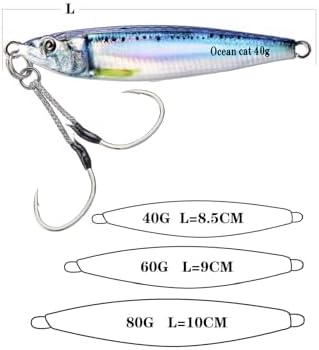 OCEAN CAT Long Casting Slow Fall Pitch Fishing Jigs Lures Lead Metal Flat Sinking Vertical Shore Jigging Bait with Assist Hook for Saltwater Freshwater Fishing 40g 60g 80g - Image 2