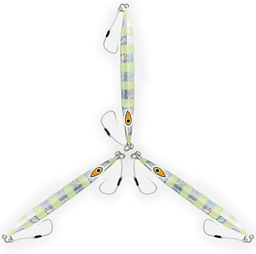 Slow Pitch Knife Jigs, 300g, 3 Pcs, 9 Inches, Zebra Glow Silver, Rigged - Image 6
