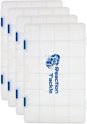 Reaction Tackle Basic Tackle Trays, Clear Plastic Utility Box Organizers with Removable Dividers for Lures, Hooks and Terminal Rigs, Fits Tackle Bags and Boxes - 3700 (4-Pack) by ReactionTackle