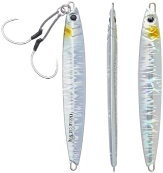 OCEAN CAT Long Casting Slow Fall Pitch Fishing Jigs Lures Lead Metal Flat Sinking Vertical Shore Jigging Bait with Assist Hook for Saltwater Freshwater Fishing 20g 40g 60g 80g by OCEANCAT