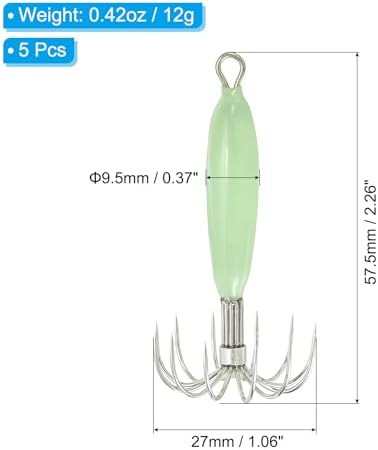 PATIKIL 12g Luminous Squid Jig Hooks, 5 Pcs Cuttlefish Sleeve Saltwater Fishing Lures Bait Jig Glow in Dark with 12 Stainless Steel Needles, Green - Image 2
