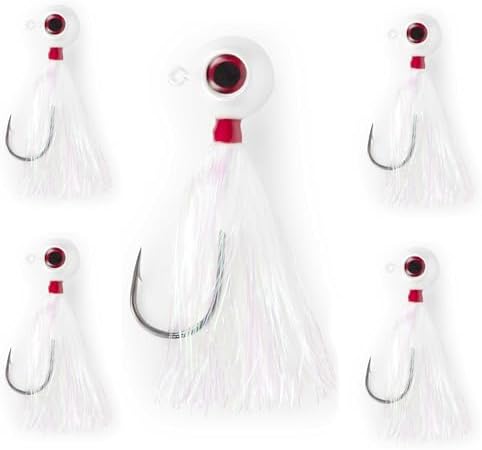 UMT Mylar Bucktail Fluke Ball Jighead for Saltwater Fishing 2oz, 3oz, 4oz - White - 6/0 Mustad Hook, 3D Eye – Flounder, Porgies, Sea Bass, Blackfish Tautog & Bluefish by UncleMosTackle