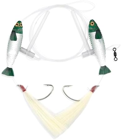 Aqua-Clear Hi-Lo Fishing Rig Teaser Lure, Saltwater Fishing Rig for Flounder Fluke Sea Trout Croaker, 3/0 Wide Gap Hook, 40lb Mono Leader, T Standoff, Hair Teaser, Holographic Minnow - Image 2