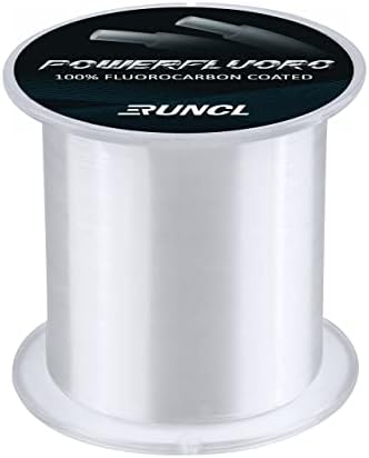 RUNCL Fluorocarbon Fishing Line, PowerFluoro Clear Ice Fishing Leader Line - Virtually Invisible, Faster Sinking, Extra Sensitivity, 300/500/1000yds, 5-32lb Break Strength, Fishing Gifts by RUNCL
