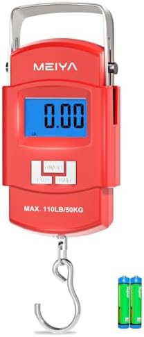 MEIYA Fish Scale 110lb Portable Luggage Scale Travel Digital Hanging Scale with Hook, Fishing Gifts for Men, Weighing Tool for Suitcases & Fish, Includes 2 AAA Batteries, Backlit LCD Display (Red) by MEIYA