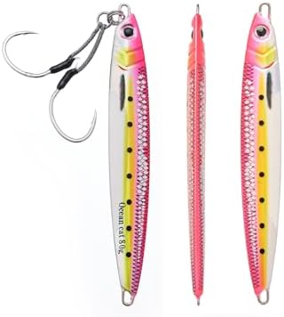 OCEAN CAT Long Casting Slow Fall Pitch Fishing Jigs Lures Lead Metal Flat Sinking Vertical Shore Jigging Bait with Assist Hook for Saltwater Freshwater Fishing 20g 40g 60g 80g by OCEANCAT