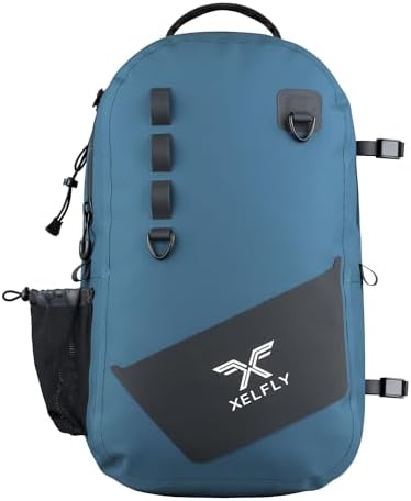 Xelfly - Waterproof Fishing Backpack with Rod Holder, Inflatable Air Valve, Padded Waist Straps & Gear Loops - Submersible Zipper, Rugged Top Handle, Adjustable Attachments (Blue) by Xelfly