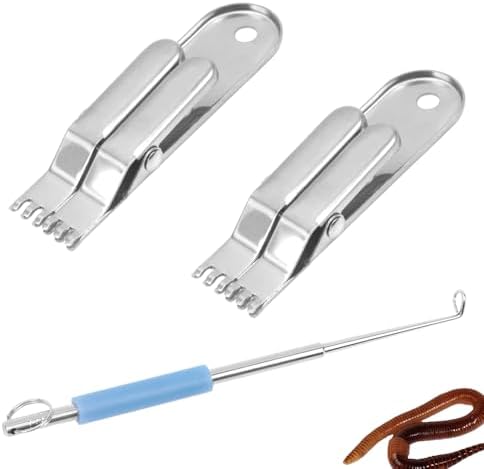 3 Pcs Fishing Baiting & Hook Removal Set - 2 Pcs Stainless Steel Earthworm Clips for Fast Loading + 1 Long Reach Fish Hook Remover Tool by DQITJ