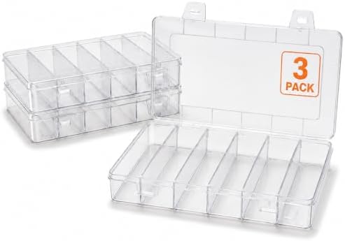 3 Pack 6 Compartment Organizer Box, Clear Plastic Storage Container with Snap Lock, Stackable Small Parts Organizer for Fishing Lures, Beads, Jewelry, Screws, Crafts and Nail Art Supplies by Unknown