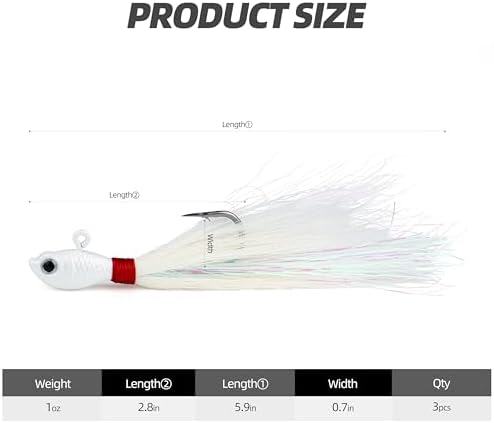 Bucktail Jig Lure 3 Pack, Deer Hair Head Jigs for Saltwater & Freshwater Fishing, Surf Boat Inshore Jigs for Striped Bass, Bluefish, Snook, Flounder, Redfish - Image 6