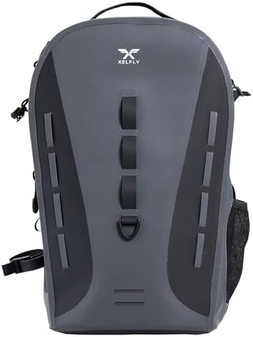 Xelfly Waterproof Fishing Backpack G2 with Rod Holder, Inflatable Air Valve, Padded Waist Straps & Gear Loops - Submersible Zipper, Rugged Top Handle, Adjustable Attachments (Gray) by Xelfly