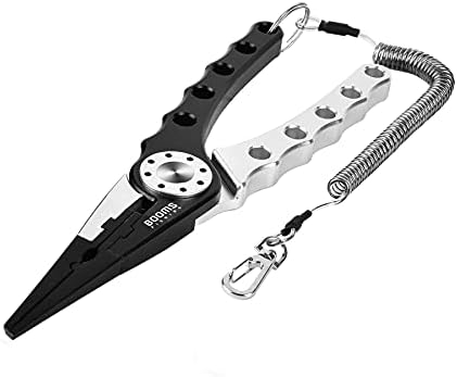Booms Fishing X1 Aluminum Fishing Pliers Saltwater, Surf Fishing Tackle Kit, Fishing Multitool Hook Remover Braided Fishing Line Cutting and Split Ring with Coiled Lanyard and Sheath by BoomsFishing