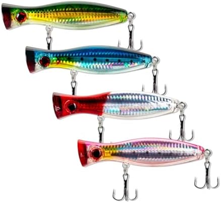 Top Water Popper Lures 4 Pack, 4.7" 3D Eye Saltwater Popper for Surf Fishing Bluefish Mackerel GT Tuna Kingfish, Weighted Steel Ball Balance Casting Lures with 2# Treble Hooks by CTrowelpro
