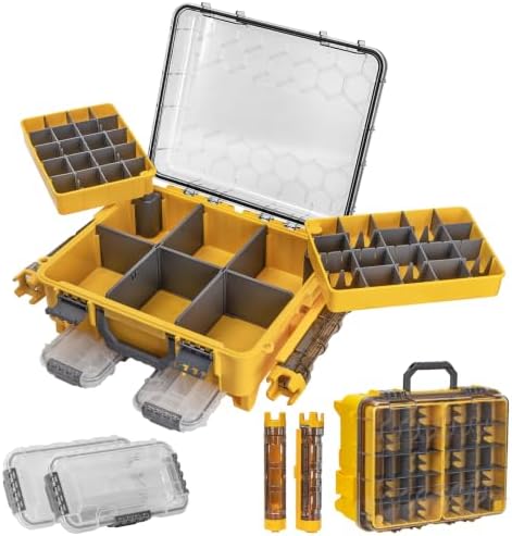 THKFISH Waterproof Double Side Tackle Box, Portable Storage Box with 2 Pack 3500 Stowaway Boxes & Rod Holders, Fishing Lure Organizer YellowPink/Green/Blue/Grey (L-Yellow) by THKFISH