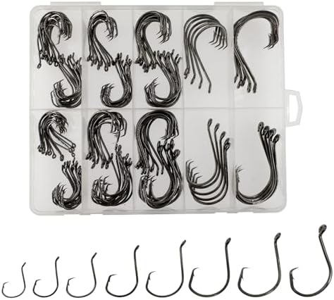Afmivs Fishing Hooks Saltwater, 160PCS Circle Hooks Saltwater, Fish Hooks for Fishing Gear Tackle, Catfish Octopus Hook #1 1/0 2/0 3/0 4/0 5/0 6/0 8/0 Black High Carbon Steel with Portable Plastic Box by Afmivs