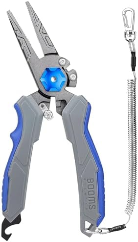 Booms Fishing Pliers Hook Remover: 8.1" Angled Carbon Steel Fish Pliers for Saltwater - Fishing Line Cutter with Lanyard - Braided Cutters & Crimper with Safety Lock, Multi-Function Gear for Men, F09 by BoomsFishing