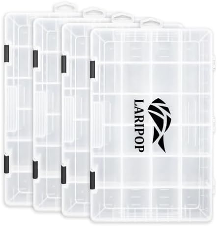 LARIPOP 4-Pack 3700 Fishing Tackle Boxes, Clear Plastic Storage Trays with Adjustable Dividers, Organizer for Lures, Hooks, Sinkers, Jigs & Fishing Accessories by LARIPOP