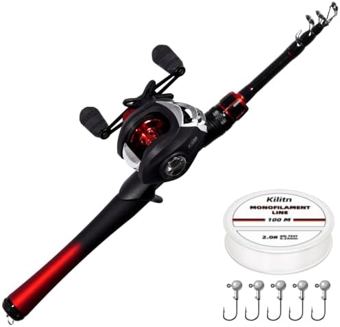 Kilitn Fishing Rod and Reel Combo, Baitcasting Combo Baitcast Reel 5 Foot Durable Fiberglass Telescopic Rod with Fishing Line Full Kits Comfortable Handle by Kilitn