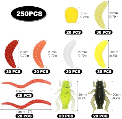 Realure 250 Pcs/4 Types Fishing Soft Plastic Worms Set Artificial Bread Worm & Earthworm & Cricket & Corn Baits Silicone Soft Maggot Simulation Bait Worm for Freshwater & Saltwater Sea Fishing - Image 2