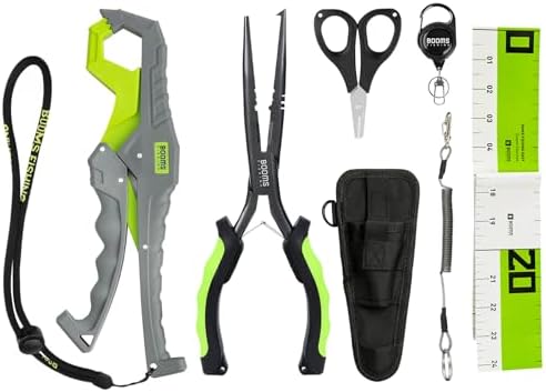Booms Fishing Gear and Equipment: 6pcs Fishing Tools Kit with Needle Nose Pliers, Fish Gripper, Scissors, 24" Ruler, Retractor & Lanyard - Saltwater Fishing Tackle Accessories Gifts for Men, TK1 by BoomsFishing