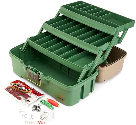 Plano Three-Tray Tackle Box Catfish Kit, Green/Tan, Rust-Proof Brass Latch, Top-Access Tray Compartments with Deep Storage, Made in the USA, Portable Fishing Gear Storage Organizer by PLANO%C2%AEOutdoors