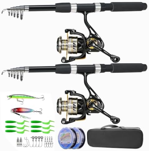 Fishing Pole Combo Set,2.1m/6.89ft 2PCS Collapsible Rods 2PCS Spinning Reels Lures Set Carrier Bag Carbon Fiber Telescopic Fishing Rods Sea Saltwater Freshwater Kit Fishing Rod Reel Combos by Makefishingbeeasy