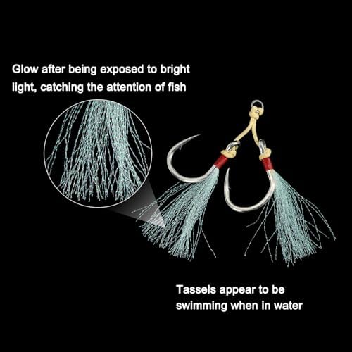 PATIKIL Fishing Assist Hooks Kit, Double Assist Jigging Hook with Glow Tassel for Slow Pitch Jigs Vertical Jigging Lure - Image 4