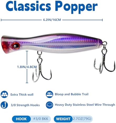 6.2 Inch 2.73 oz Saltwater Topwater Popper Fishing Lures with 3/0 4X Strengthened BKK Treble Hooks, Through-Wire for Strength & Durability, Target GT, Tuna, Sea Bass, Marlin - Image 2