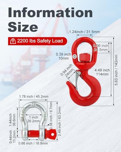 1 Ton 2 Sets Swivel Lifting Hook with 3/8" D Ring Anchor Shackles - Image 2