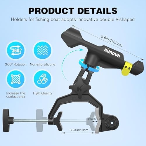Upgraded Fishing Rod Holder with Button-Lock 360° Dual Rotation,Universal Silicone Strap & Enlarged V-Clamp Fits Round/Square Tubes,Secure Adjustable Boat Fishing Gear for All Rod - Image 2