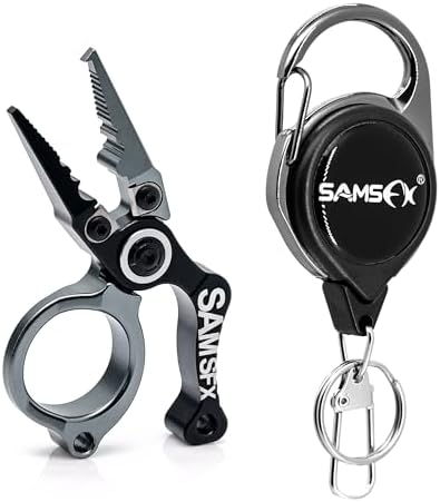 SAMSFX Mini Fishing Pliers with Fly Fishing Zinger Retractor, Fish Hook Remover Tool, Split Ring Pliers for Saltwater & Freshwater, Tungsten Carbide Cutters, Fishing Gear Gift for Anglers by SAMSFX