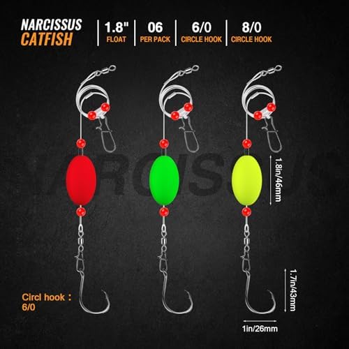 Narcissus Catfish Rigs Set – 6 Pre-Tied Rigs with 2 Sinker Sliders & 2oz Pyramid Sinker, Float Rigs Tackle, Santee Rig, Circle Hooks 6/0 – Complete & Ready-to-Use Kit - Image 2