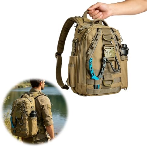 Fishing Hiking Rucksack with Rod & Gear Holder – Compact Tackle Bag (Khaki) - Image 2