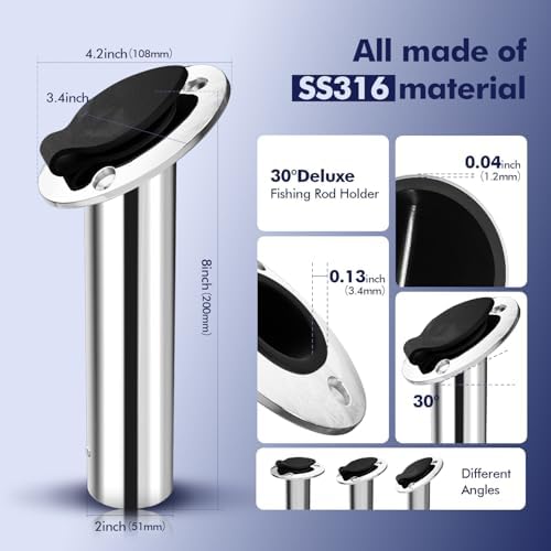 2Pcs Rod Holders for Fishing Boat, Heavy Duty 316 Stainless Steel Fishing Rod Pole Holder, Flush Mount, 15/30/90 Degree - Image 2