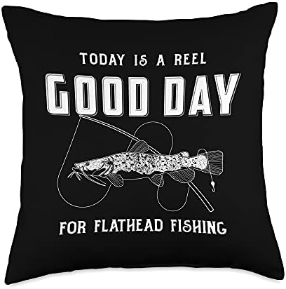 Funny Flathead Catfish Reel Good Day Fishing Pun Throw Pillow by Unknown