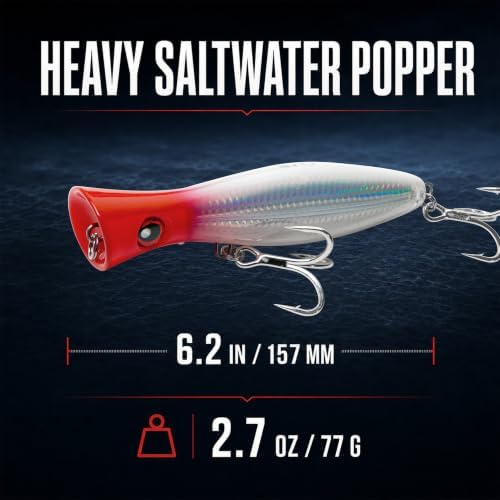 6.2 Inch 2.73 oz Saltwater Topwater Popper Fishing Lures with 3/0 4X Strengthened BKK Treble Hooks, Through-Wire for Strength & Durability, Target GT, Tuna, Sea Bass, Marlin - Image 2