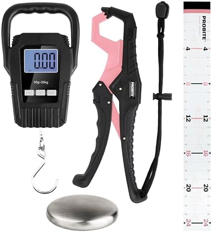 Fishing Tool Kit with Fish Gripper, Portable Fish Scale, Stainless Steel Soap & Measuring Ruler – Saltwater Resistant Tackle Accessories for Freshwater and Saltwater Anglers (4, Black & Pink) by PROBITE